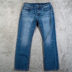 BKE Jeans Mens 33x32 Blue Jake Straight Stretch Embroidered Distressed Buckle